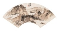 张大千 秋江放艇 扇面镜心